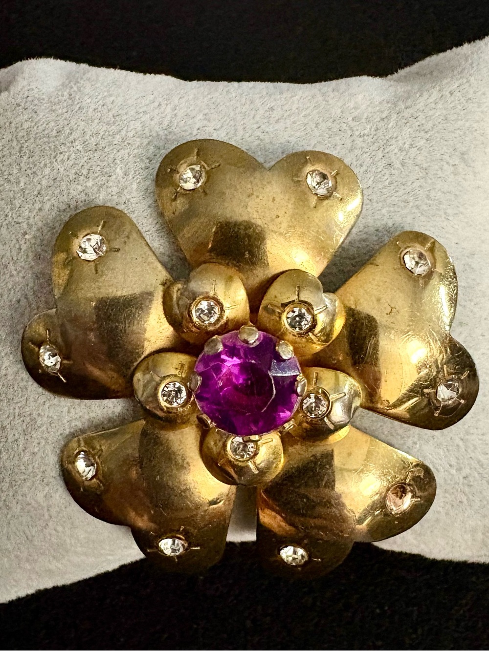 Gold-Tone Flower Brooch with Purple Center and Clear Accents